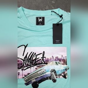 WXYZ X Savage car shirt. Turquiose Blue Green with light blue hot rod Cruiser T